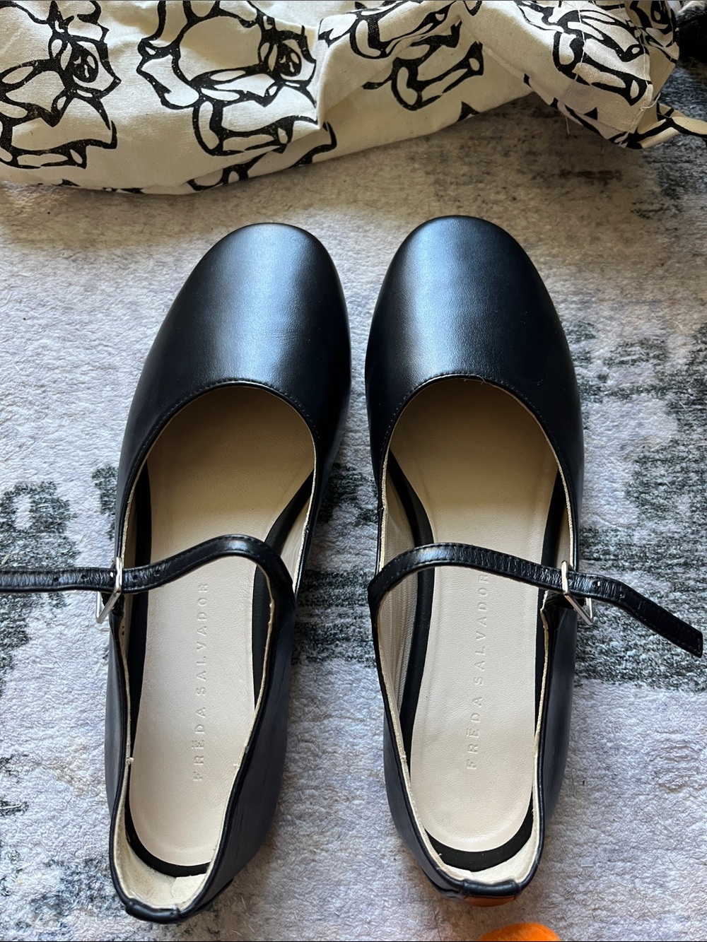Freda Salvador Black Leather Mary Jane Flats with Strap